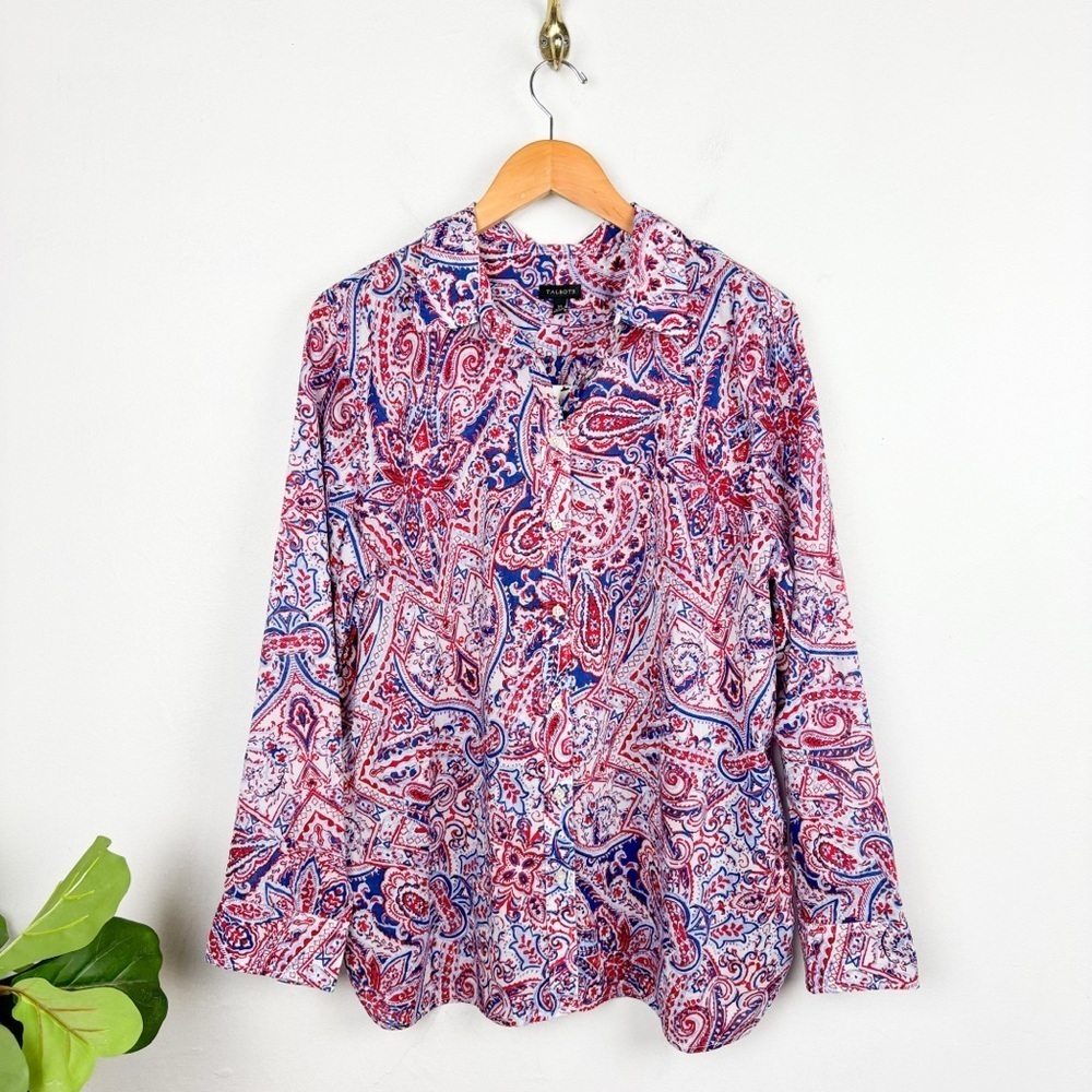 NWT Talbots Red White & Blue Paisley Cotton Button Down Shirt Sz XL